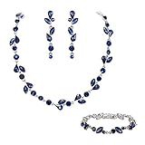EVER FAITH Kristall Schmuck-Sets elegante Marquise- und Runde- Schliff Strass Blatt Halsketten, Ohrringe und Armband-Set für Damen Saphir-Blau Silber-Tone
