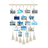 Foto Hängendes Makramee - Wandbehang Fotowand Bilderrahmen Collage Fotovorhang Wandteppich Fotowand mit 30 Holzclips und 1 spurlosen Nägeln Boho Deko für Wohnkultur, Schlafzimmer