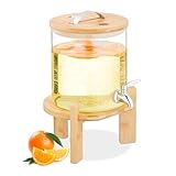 Relaxdays Getränkespender, 5 Liter, Kalt- & Heißgetränke, Bambus-Ständer, Thermometer, Bowle-Gefäß, transparent/Natur