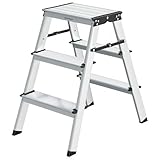 SONGMICS Leiter, Trittleiter, Aluleiter mit 3 rutschfesten Stufen, klappbar, Stehleiter, Mehrzweckleiter, bis 150 kg belastbar, Silbergrau-tintenschwarz GLT23K