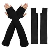 VEGCOO Lange Wolle Fingerlose Handschuhe, Damen Winter Wolle Armstulpen, Schwarz Winter Knit Armstulpen Daumenloch Handschuhe, Damen Lange Fingerlose Pulswärmer Handwärmer Stulpen