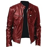 Generisch Lederjacke Herren Casual Retro Motorrad Kunstlederjacke Leichte Pilotenjacke Reißverschluss Einfarbige Lederjacke Klassisch Lederblouson mit Stehkragen für Spaziergänge und Alltag