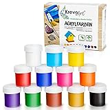 Krevo Art Wasserfeste Acryl-Farben, Acrylic Paint - 12 stark pigmentierte Acrylfarben Set je 20ml, Kinder Bastelfarben für Papier, Stein, Holz, Ton, Gips, Leinwand