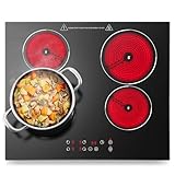 KICHPOWER Glaskeramikkochfeld 4 platten, Einbau Glaskeramikkochfeld, Kochfeld 4 Platten, 6000W Kochfelder, 4 Brenner Kochfeld 60 cm, Touch-Steuerung, 9 Leistungsstufen, 1-99 Min Timer für Alle Töpfe