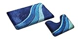 S&S-Shop Badematte Set | Blau | Kiel | mit Ausschnitt | 2 teilig | rutschfest | WC-Vorleger 50 x 45 cm | Badvorleger 50 x 90 cm | Badteppich | Teppich | Bad | Badezimmer