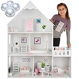 Kinderplay Puppenhaus Holz Groß - Großes Hölzernes Barbie Puppenhaus, Version mit rosa Zubehör, 38 Zubehörteile enthalten, Barbiehauser Holz, Modell GS0023B, LED-Licht (Basic)