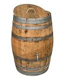 Temesso Regentonne mit Deckel, Regenfass Holzfass, Weinfass, Tonne, Eiche 225 Liter Wasserfass - original Fass (Deckel Kordel/Seilgriff + Wasserhahn)