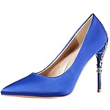 wealsex Damen Satin Pumps 10cm High Heels Klassische Stiletto Hochzeit Formal Office Party Pumps (Blau,39)