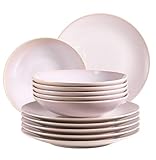 MÄSER 931553 Ossia, Teller-Set für 6 Personen im mediterranen Vintage-Look, 12-teiliges modernes Tafelservice mit Suppentellern und Speisetellern in Rosa, Keramik
