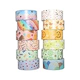 Fyfjur 12 Rollen Washi Tape Set, Klebeband Bunt Basteln Kinder, dekoratives Masking Washi-Tape für Scrapbooking, Farbcodieren Kartons, Beschreibbare Regenbogen Farbig Deko Klebeband Klebestreifen