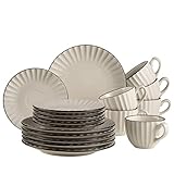 MÄSER 931968 Serie Osita, Retro Kaffeeservice für 6 Personen in cremigem Weiß mit schöner Wellenform, 18-teiliges rundes Kaffeegeschirr Set mit Kaffeetassen, Untertassen und Dessertteller, Steinzeug