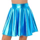 iEFiEL Damen Wetlook Rock Kurze Minirock Shiny Metallic Plisseerock Mini Skater Rock Low Rise Röcke Tanz Tutu Party Club Kostüm Blau B S