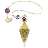 KYEYGWO Peridot Sechseckiger Kristall Pendel mit Trommelsteine, Hexagonal Edelstein Anhänger Reiki Chakra-Pendel Lotus Perlen Kette für Meditation Wahrsagen Hypnose