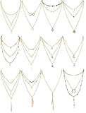 Finrezio 12 Stück Gold & Silber Ton Geschichteten Halskette Für Frauen Mädchen Sexy Lange Choker Kette y Halskette Bar Feder Pendent Halskette Sets