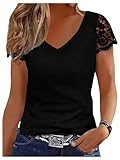 GORGLITTER T-Shirt Elegant Damen Oberteil Office Casualshirt Kurzarm Spitzenshirt Blusetop mit V Ausschnitt Schwarz L