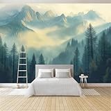 Tapete 3D Effekt Ölgemälde Berge Wald Fototapete Wohnzimmer 350 x 256 cm Vlies Tapeten Wandtapete Moderne Wanddeko Wand Dekoration Wohnzimmer Schlafzimmer Büro Flur