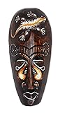 TEMPELWELT Wanddekoration Maske Holzmaske mit Gecko Motiv 20 cm, Holz braun weiß, Kunsthandwerk Bali Lombok Dekomaske im afrikanischen Stil