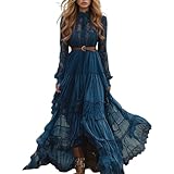 JVHYANFUL Damen Langes Boho Kleid - Casual V-Ausschnitt Wild West Karneval Details Fransen Urlaub Büro Sommer Herbst Eleganz Bequem Strand Vintage Stil Rustikal Mittelalter