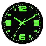 DIYZON Leuchtende Wanduhr 30 cm, lautlos ohne Ticken, mit Nachtlicht, Glas-Design, mit Batterie, für Küche Wohnzimmer Schlafzimmer Deko