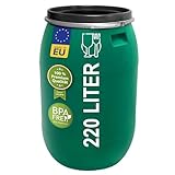 Das Plasteo® 220 Liter Weithalsfass mit Deckel und Spannring, HDPE, BPA-Frei, lebensmittelecht, vielseitig verwendbar als Lebensmittelfass, Futtertonne, Regentonne (Grün mit Spannring)