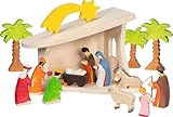 HOLZTIGER 80617 - Stall Krippe aus Holz, handgearbeitetes Holzspielzeug aus Ahorn, inkl. Weihnachtsstern, Farben auf Wasserbasis, fördert Fantasie & Kreativität, MADE IN EUROPE, 40x25x29cm, ab 3 Jahre