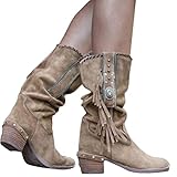 Minetom Langschaft Stiefel Damen Stiefeletten Wildleder Quaste Zipper Bootie Herbst Winter Stiefel Ankle Boots Westernstiefel Halbhohe Stiefel B Khaki 40 EU