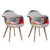GrandCA HOME 2er-Set Esszimmerstühle mit Armlehne, Vintage-Küchenstühle, Sessel, Massivholzbeine und Patchwork-Stoffsitz, für Schlafzimmer, Wohnzimmer, Esszimmer und Küche, Rot