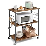 VASAGLE Küchenregal auf Rollen, Servierwagen, 3 Ebenen, Küchenwagen, für Mini-Backofen, Mikrowellen, Metallrahmen, 6 Haken, 40 x 80 x 89 cm, vintagebraun-tintenschwarz KKS067K01