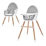 Kinderkraft Fini 2 in 1 Hochstuhl Babystuhl Kombi Hochstuhl Holzbeine Sicherheitsgurte Fußstütze Doppeltablett ab 6 Monate bis 5 Jahre 5 Punkt Gurte Grau