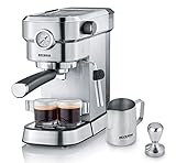 SEVERIN Espressomaschine "Espresa Plus", Siebträgermaschine mit 3 Einsätzen, Kaffeemaschine mit Milchschäumer und Manometer, inkl. Barista-Starterset, Edelstahl-gebürstet/schwarz, KA 5995