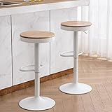 YOUTASTE Bar Hocker 2 Set, Höhenverstellbar Barhocker mit Rund Holzsitz und Metallrahmen, für Küche, Speisesaal, Theke, Café, Bar (2er Set, Weiß)