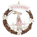 com-four® Osterkranz mit Hase aus Holz - dekorativer Türkranz mit Aufhänger - natürliche Osterdekoration zum Aufhängen - Tür- und Fensterschild mit Schriftzug