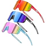 Fahrradbrille Kinder, 3 Stück Sportbrille Kinder UV400-Schutz Polarisierte Fahrradbrille Winddicht für Jungen Mädchen Outdooraktivitäten Radfahren Fahren Laufen Golf Laufbrille (Blau +Schwarz+Rot)