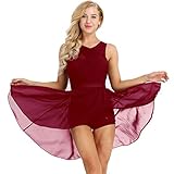 iEFiEL Damen Ballettkleid Tanzkleid mit Asymmetrisch Rock Wickelrock Tango Latein Kleider Leotard Ballettanzug Trikot Tanz-Body Gr. XS S M L XL Weinrot XS