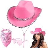 Aomig CowboyHut Damen Herren Fashion Cowboyhüte Cowgrilhut Rockstar Randlose Hippie Herzförmige Brille Halstuch Wilder Westen Party Brillen Geburtstagsfeier Fasching Karneval Kostüm Mottoparty(A-Pink)