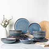 GBhome Steingut Geschirrset 6 Personen, 24-tlg Reaktive Glasur Handarbeit Geschirr Set, Mikrowellen- & Spülmaschinenfest Schüssel- und Teller Set, Mediterranes blau, GDW007DJ-24P-EU