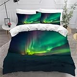 MEVASA Bettwäsche 200x200 Teenager Jugendliche Aurora Bettbezug Set 3D Druck Schnee Bettwäsche 3-TLG Mikrofaser Bettbezüge mit 2 Kissenbezug 80 x80 cm