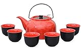 Aricola Teeservice „Nelly“. Moderne Teekanne 1,5 Liter in rot/schwarz aus hitzebeständiger Keramik mit Edelstahlfilter und 6 Teecups 120ml in rot/schwarz.