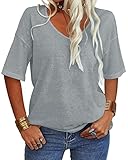 Tankaneo Damen V-Ausschnitt Kurzarm T-Shirt Casual Lose Basic Sommer Tops Halbarm Oversized Tunika Tee