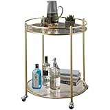 Wohnling Design Servierwagen Gold Ø 57 cm Beistelltisch, Teewagen Metall mit Rollen, Küchenwagen mit Glasplatten, Barwagen Rund 75 cm hoch, Küchentrolley Modern, Rollwagen