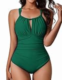 AI'MAGE Damen Badeanzug Einteiliger Bauchweg Bademode Strandmode mit Zierausschnitten Vintage Push Up Swimsuit Grün XL