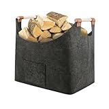 Lyivisk Kaminholzkorb aus Filz mit Tasche, Großer Holzkorb für Kaminholz und Aufbewahrung im Innenbereich, Faltbarer Lieblingskorb für Holz, Zeitungen und Spielzeug, dunkelgrau