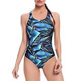 Veranobreeze Frauen Athletic Print One Piece Badeanzüge Training Bademode Racerback Wettkampf Badeanzug für Frauen (Geometrisch Blau, EU40)