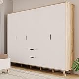 Forte VANKKA Kleiderschrank 230, Skandi Schrank mit 5 Drehtüren und 2 Schubladen, Filigrane Möbelbeine, Holzwerkstoff, Planked Eiche Holzdekor | Weiß, 228,8 cm breit x 201,5 cm hoch x 52,7 cm tief
