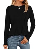 WNEEDU Damen Langarmshirt Lose Rundhals Pullover Damen Sweatshirt Oberteile Herbst Winter Casual Falten Tunika Tops Schwarz XL
