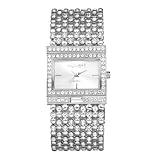 JewelryWe Damenuhr Glitzer Rechteckig Uhr: Damen Bling Strass Analog Quarz Armbanduhr Frauen Silber Breit Metallarmband Armreif Lässige Diamant Spangenuhr mit Eckigem Zifferblatt