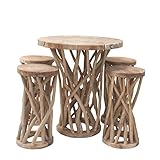 Vintage-Line Teakholz Äste Tischset Tisch 4 Hocker Möbelset Teakholzmöbel