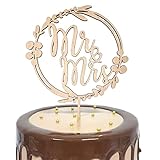 Riceel Hochzeit Holz Kuchen Topper Mr Mrs Deko Tortenaufsatz Holz für Hochzeitstorte Tortendeko Tortenstecker für Hochzeit Jubiläum Verlobung Holzfarbe und Goldfarbe (Holz1)
