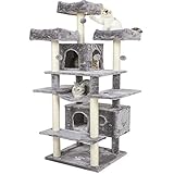 MSmask Kratzbaum groß XXL, Katzenbaum stabil mit 3 Aussichtsplattformen, Katzenkratzbaum für große Katzen, Sisalsäulen, Hellgrau