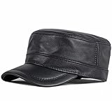 Herren Lammfell Leder Militär Caps Cadet Army Caps Flat Top Cap, Schwarz, Einheitsgröße
